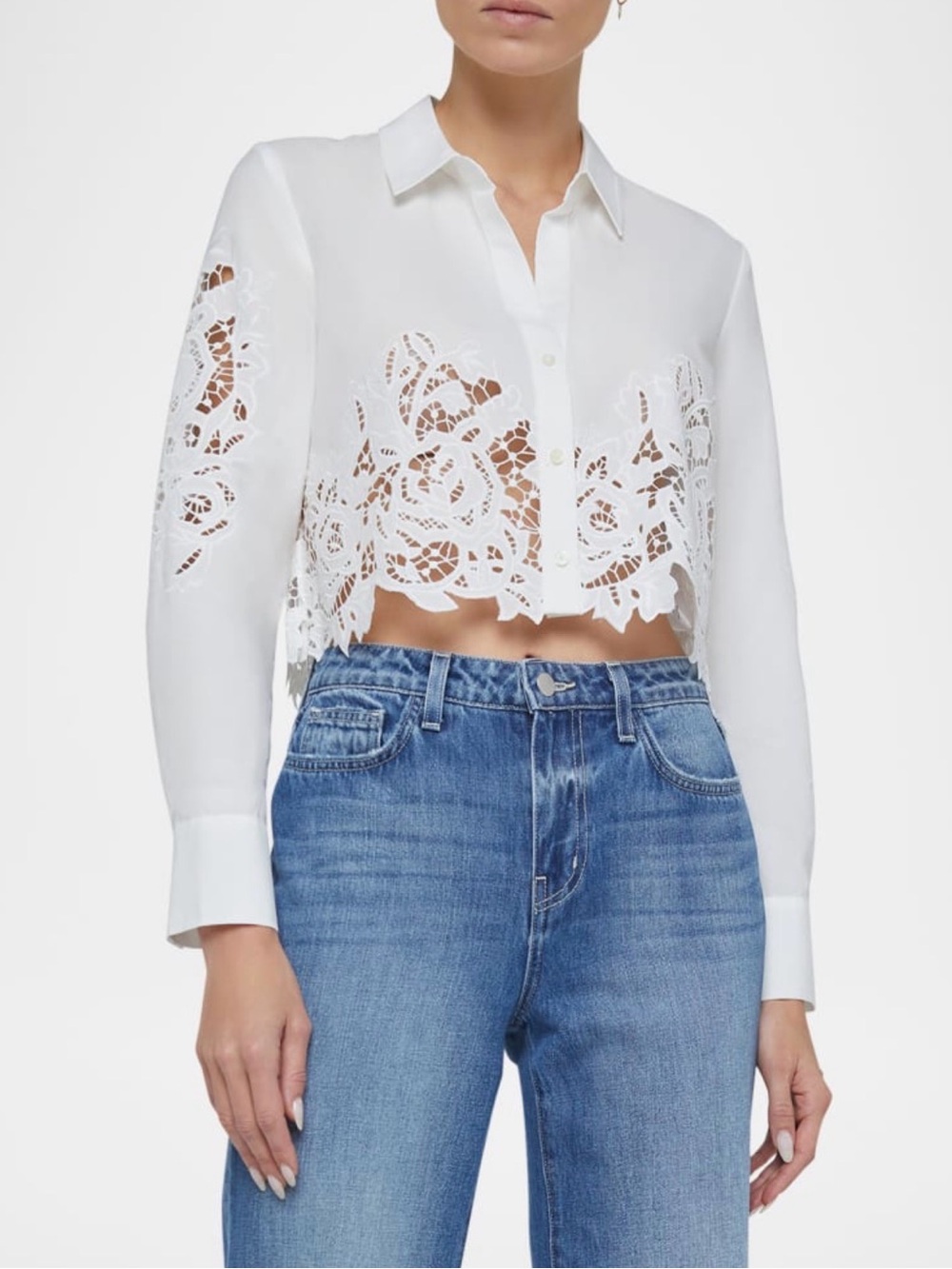 L'AGENCE Seychelle White Cropped Lace-Cut Button-Down Shirt NWT med